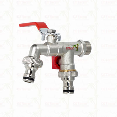 पीतल आर्थिक डबल आउटलेट बिबकॉक निकल प्लेटेड टैप लाल हैंडल के साथ 1/2"*3/4"*3/4"